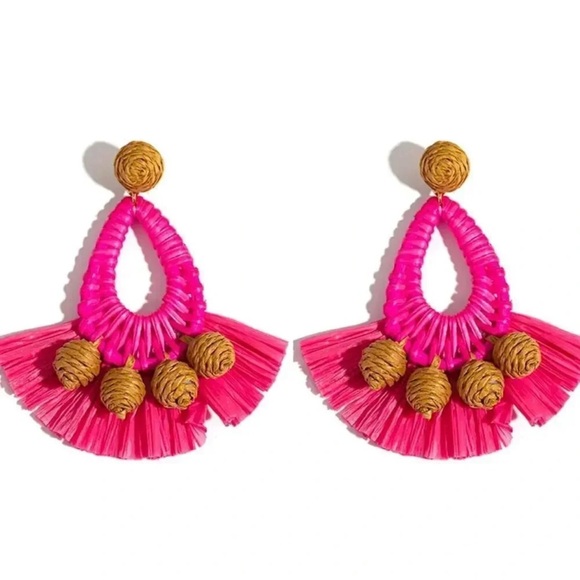 Anthropologie Pink Raffia Breaded Earrings - Picture 4 of 5